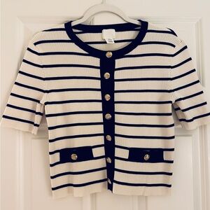 H&M Navy Blue , cream off white White Striped top gold button